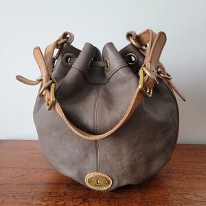 Fossil Taupe Leather Bucket Hobo with Tan Strap Accents